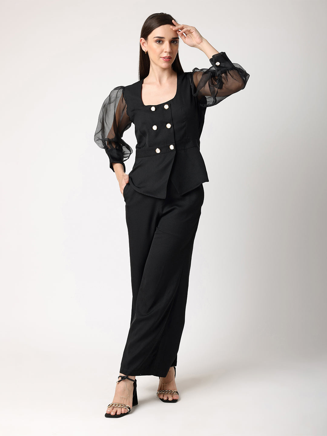 Black Double Breasted Organza Sleeves Top & Trouser Co-Ord Set