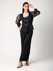 Black Double Breasted Organza Sleeves Top & Trouser Co-Ord Set