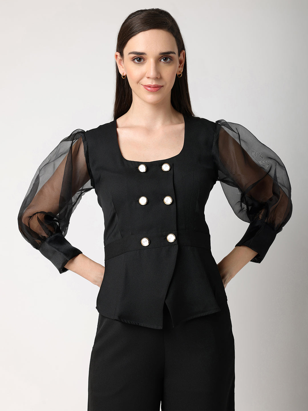 Black Double Breasted Organza Sleeves Top & Trouser Co-Ord Set