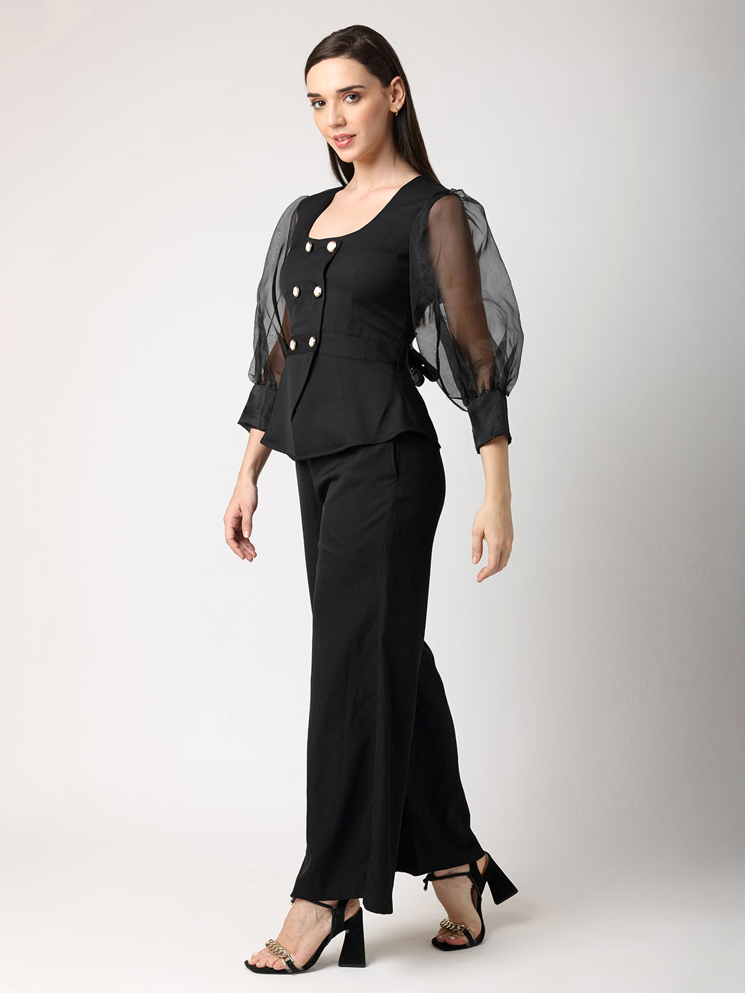 Black Double Breasted Organza Sleeves Top & Trouser Co-Ord Set