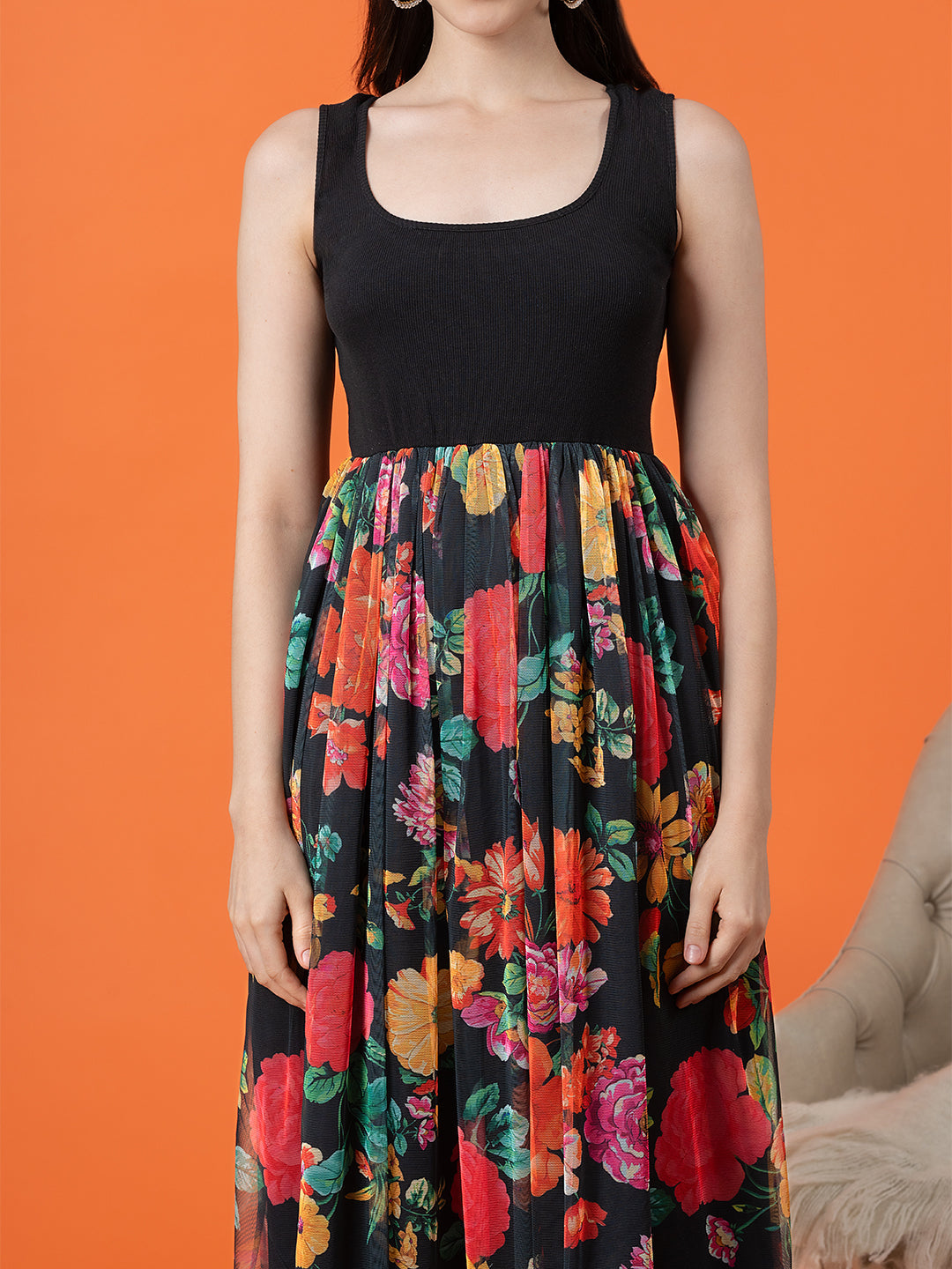 Black Dress with Multi-Floral Mesh