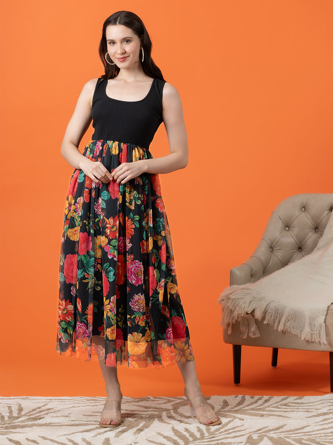 Black Dress with Multi-Floral Mesh