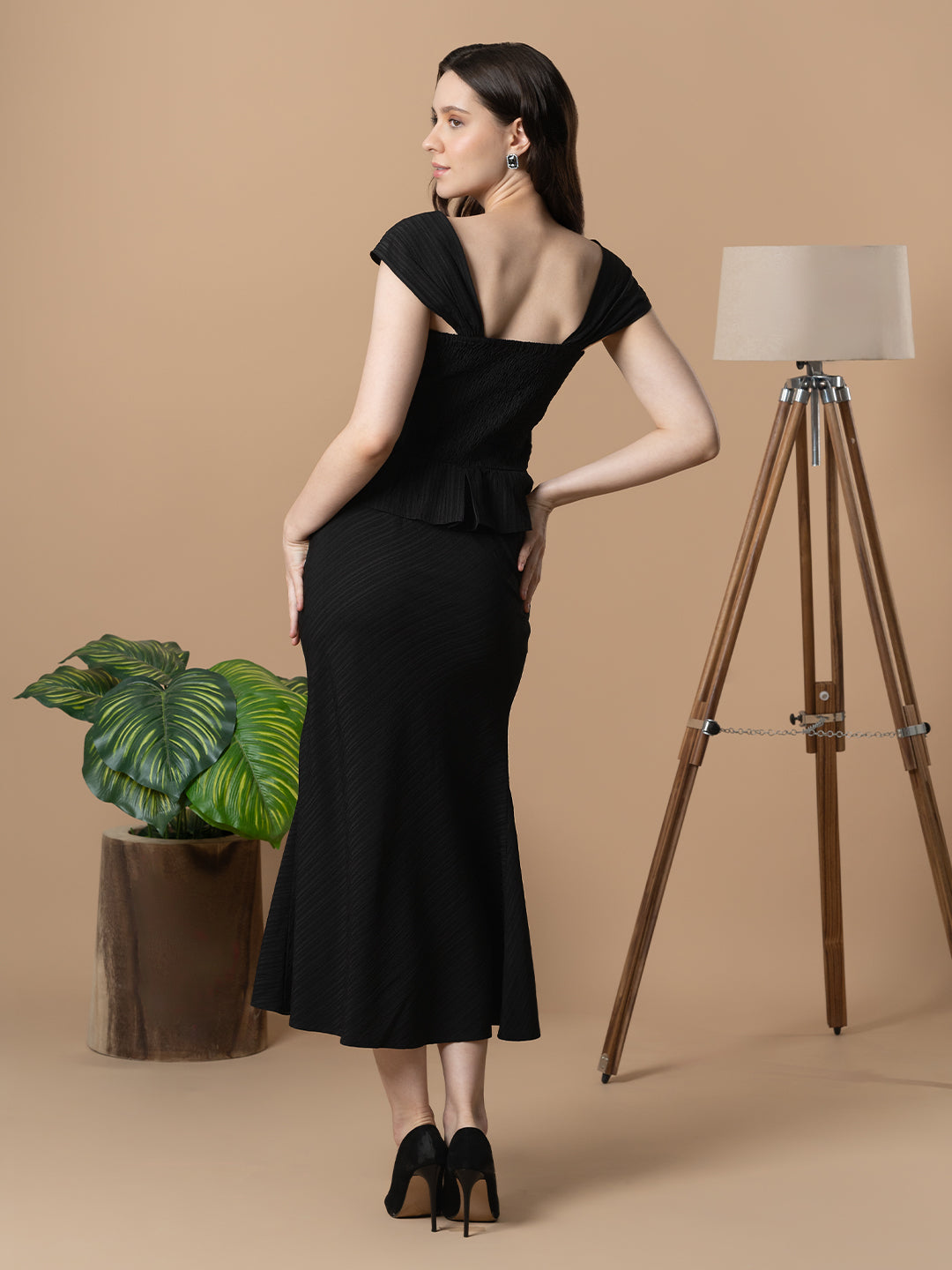 Black Front Open Top with Fish Cut Skirt Co-Ord Set