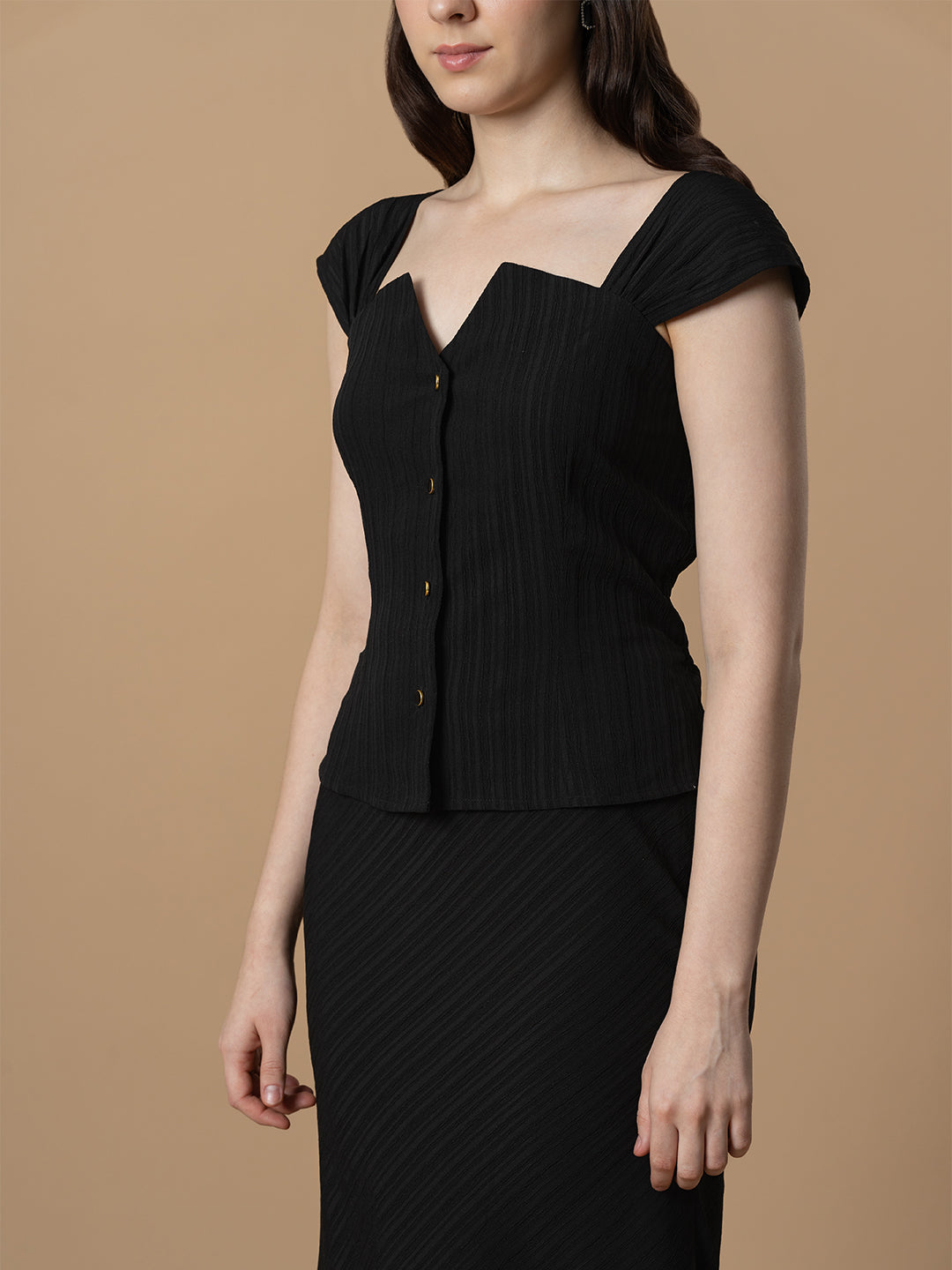 Black Front Open Top with Fish Cut Skirt Co-Ord Set