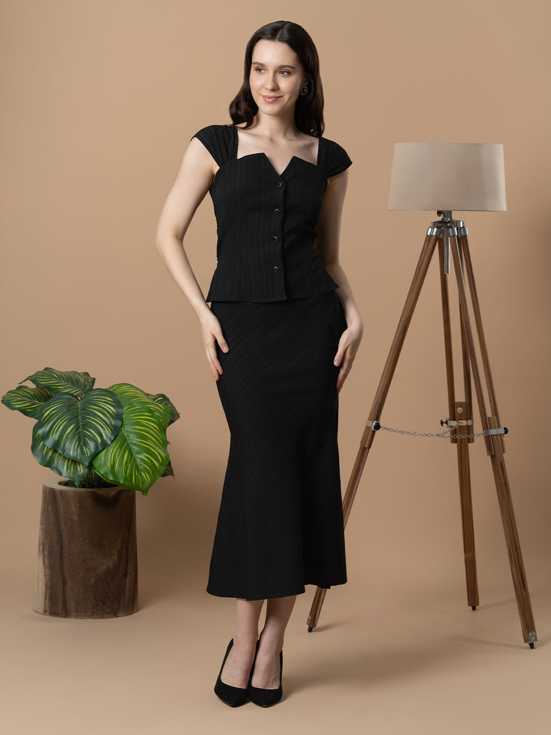 Black Front Open Top with Fish Cut Skirt Co-Ord Set