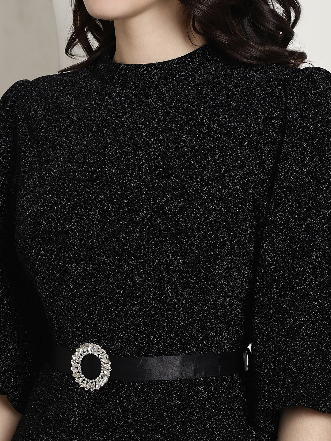 Black Lurex Party Dress With Satin Belt