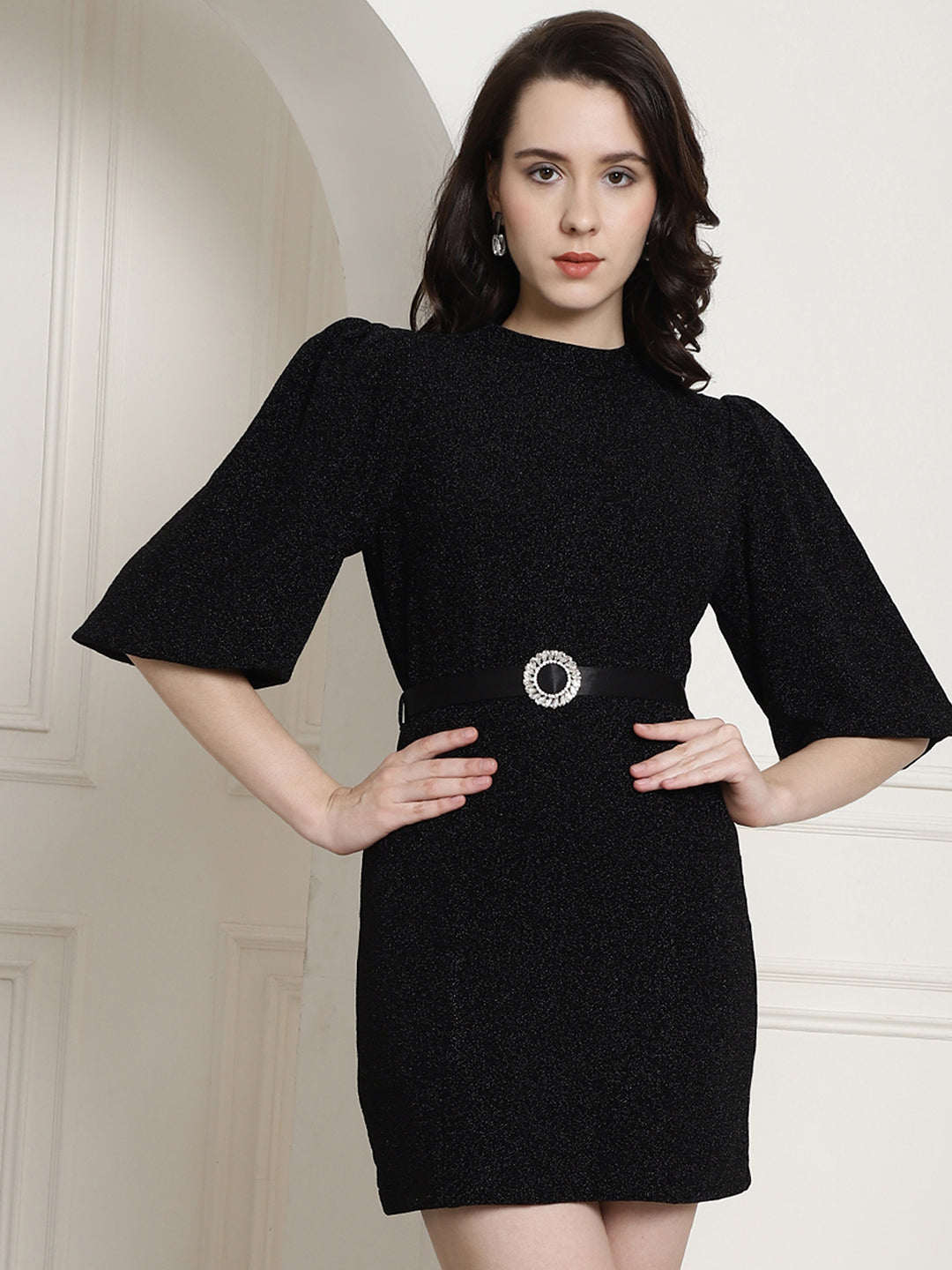 Black Lurex Party Dress With Satin Belt