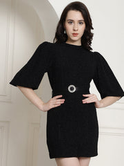 Black Lurex Party Dress With Satin Belt