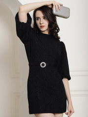 Black Lurex Party Dress With Satin Belt