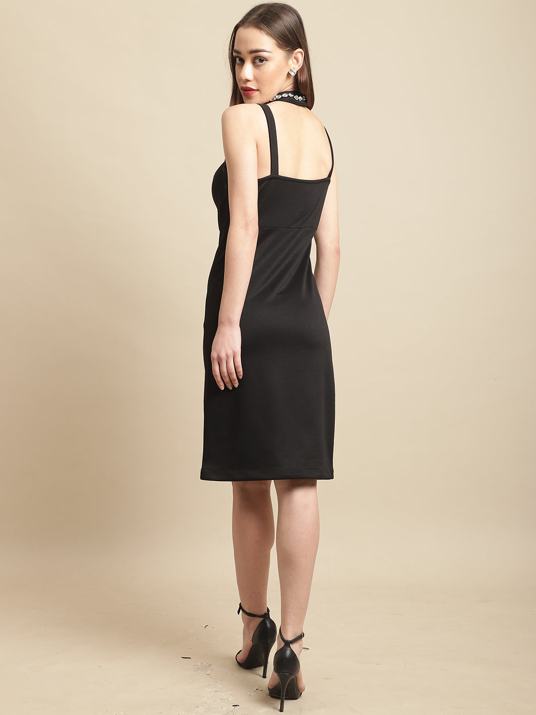 Black Neck Embellished Bodycon Dress