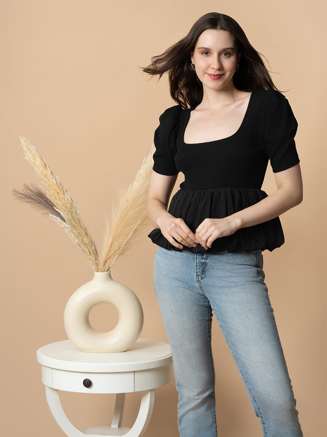 Black Peplum Bubble Top