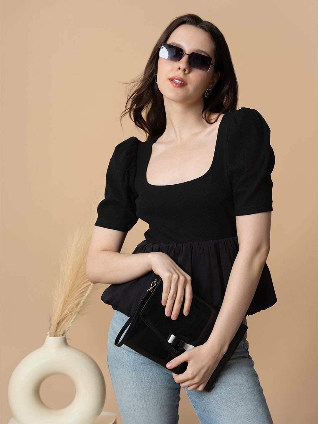 Black Peplum Bubble Top