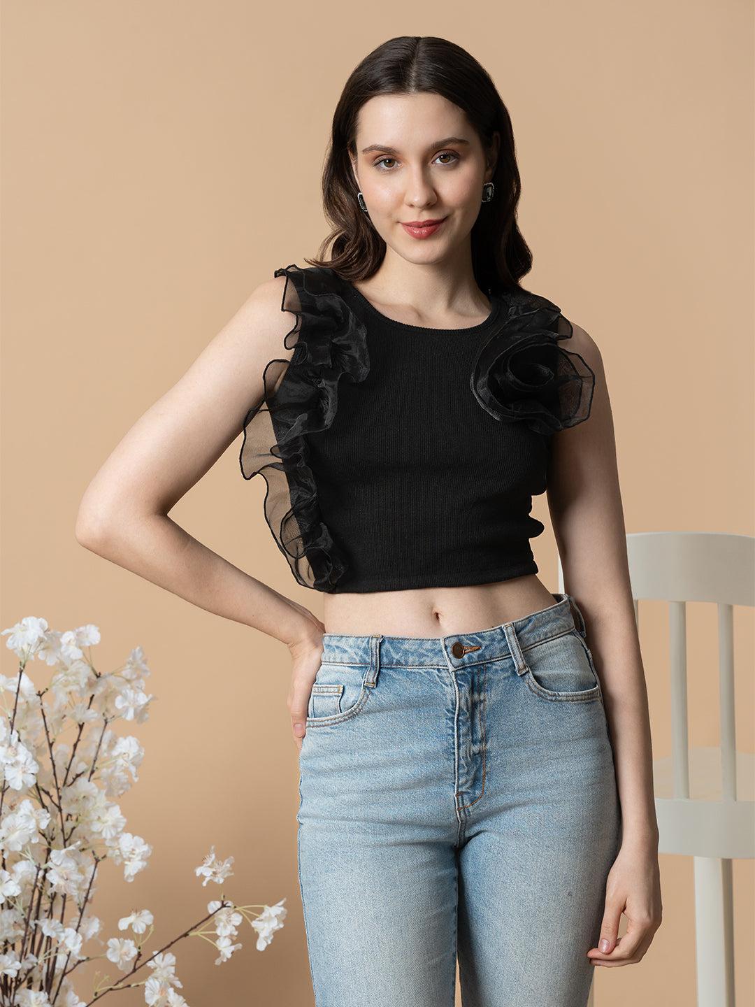 Black Organza Ruffle Top