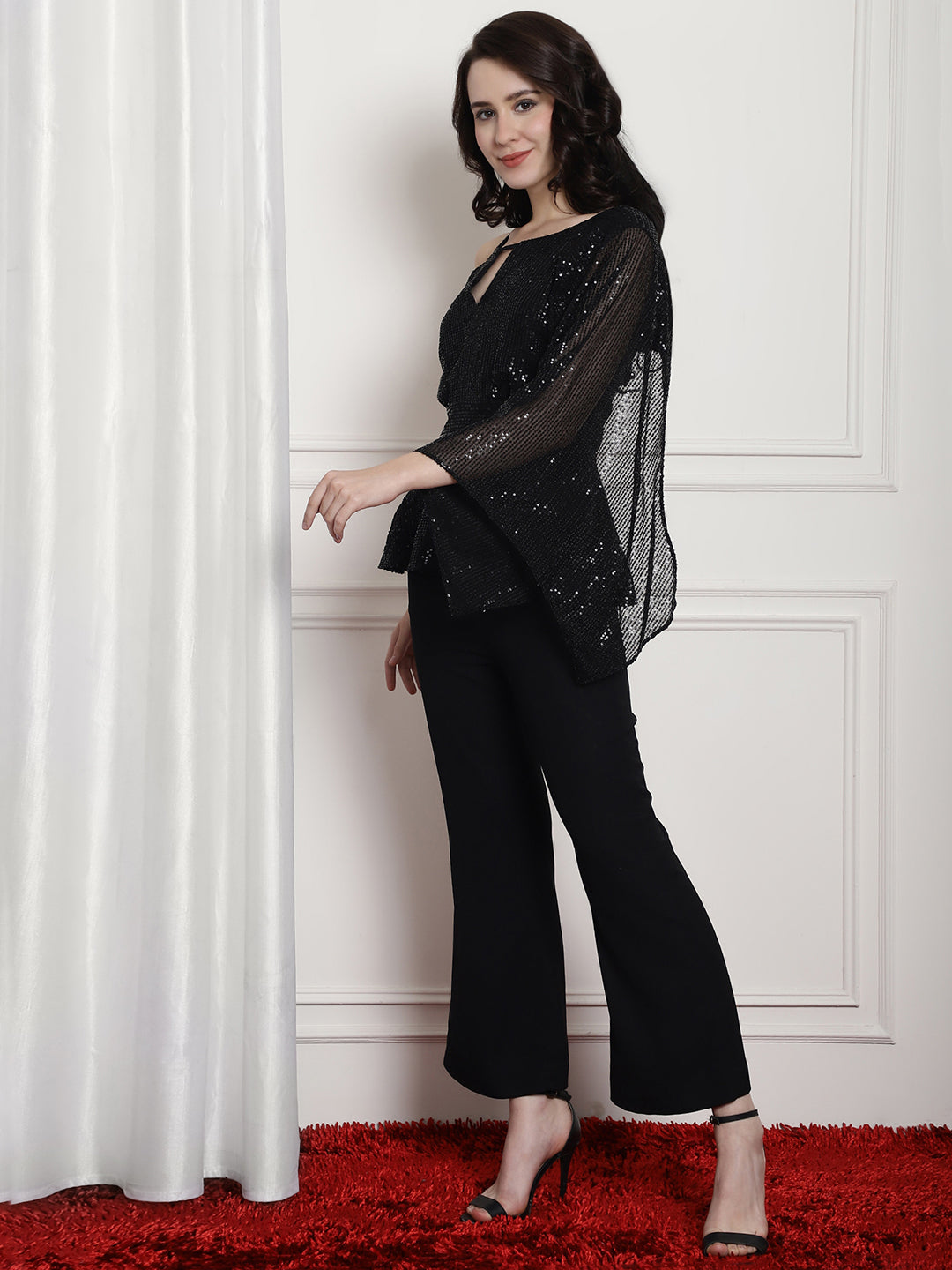 Black Sequence Peplum Top With Trouser Black Co-Ord Sets