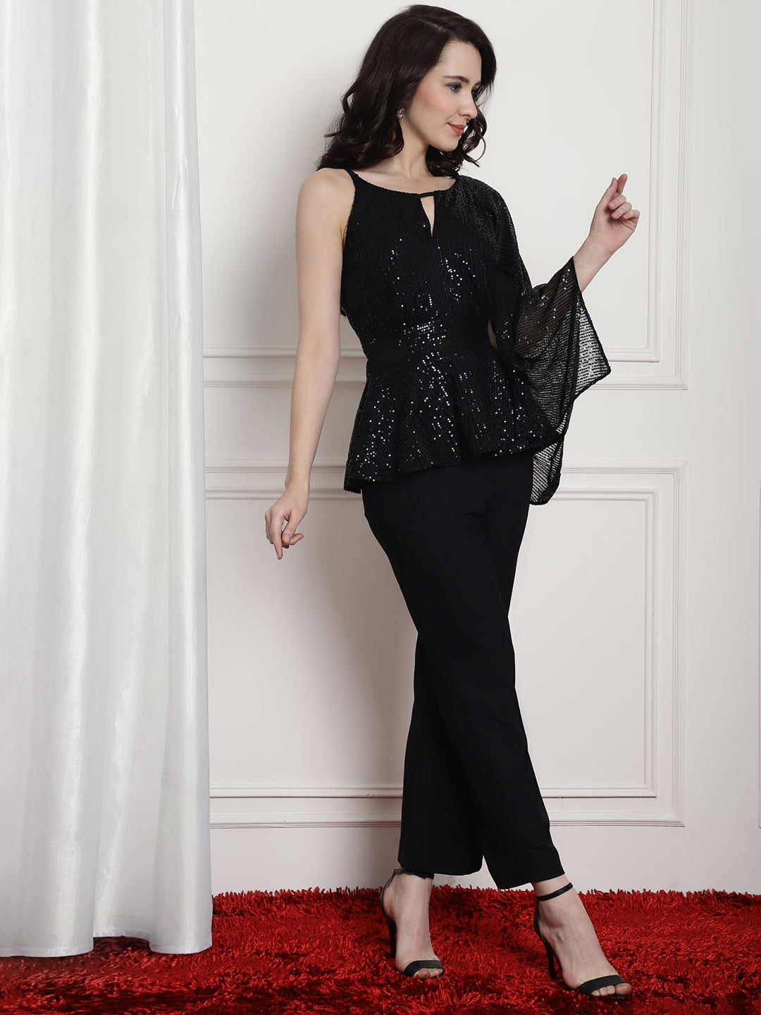 Black Sequence Peplum Top With Trouser Black Co-Ord Sets