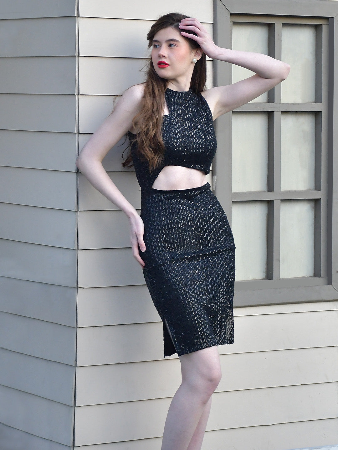 Black Sequinned Dress with Cut Out at Waist