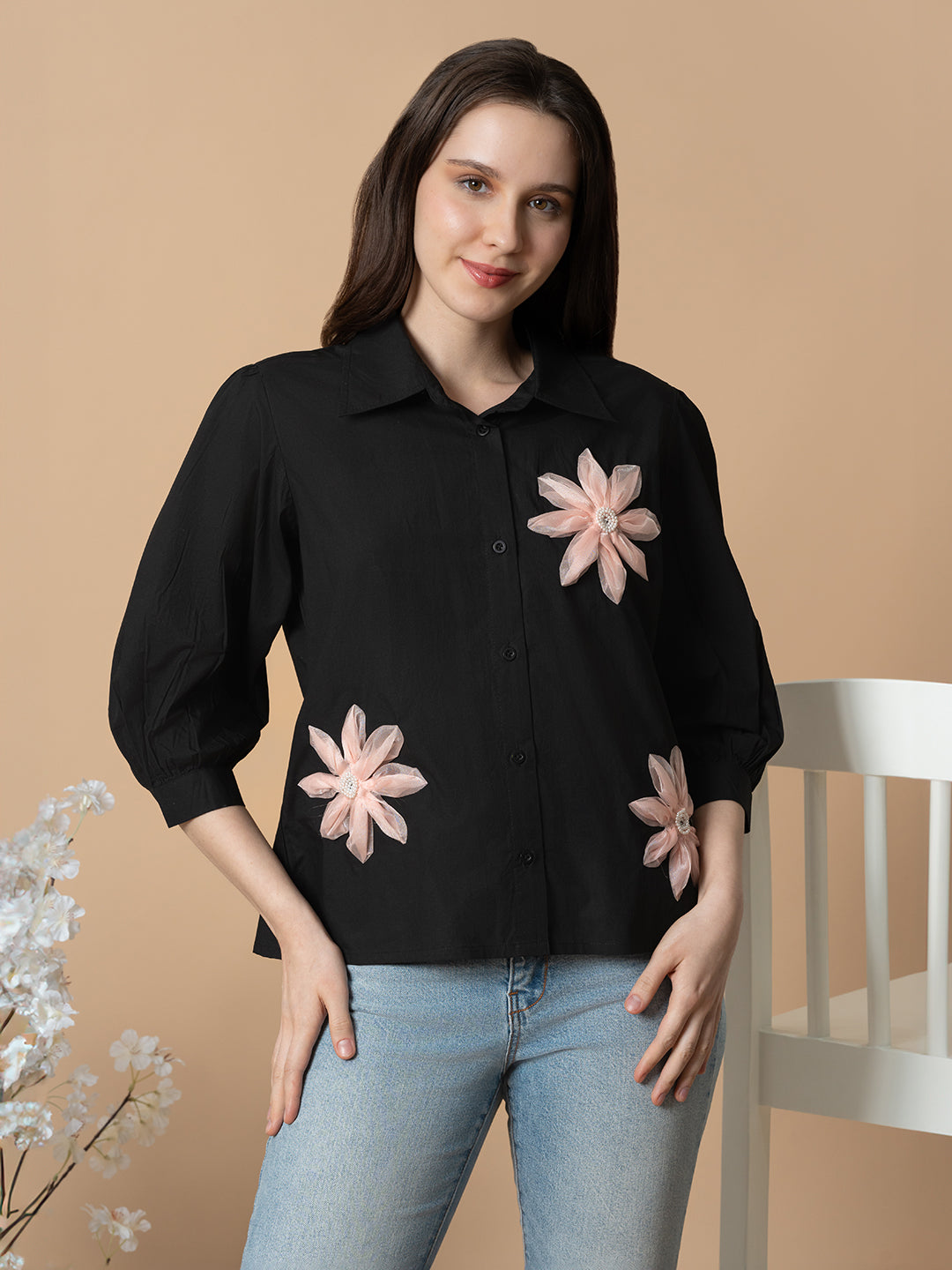 Black Shirt With 3D Pink Flowers