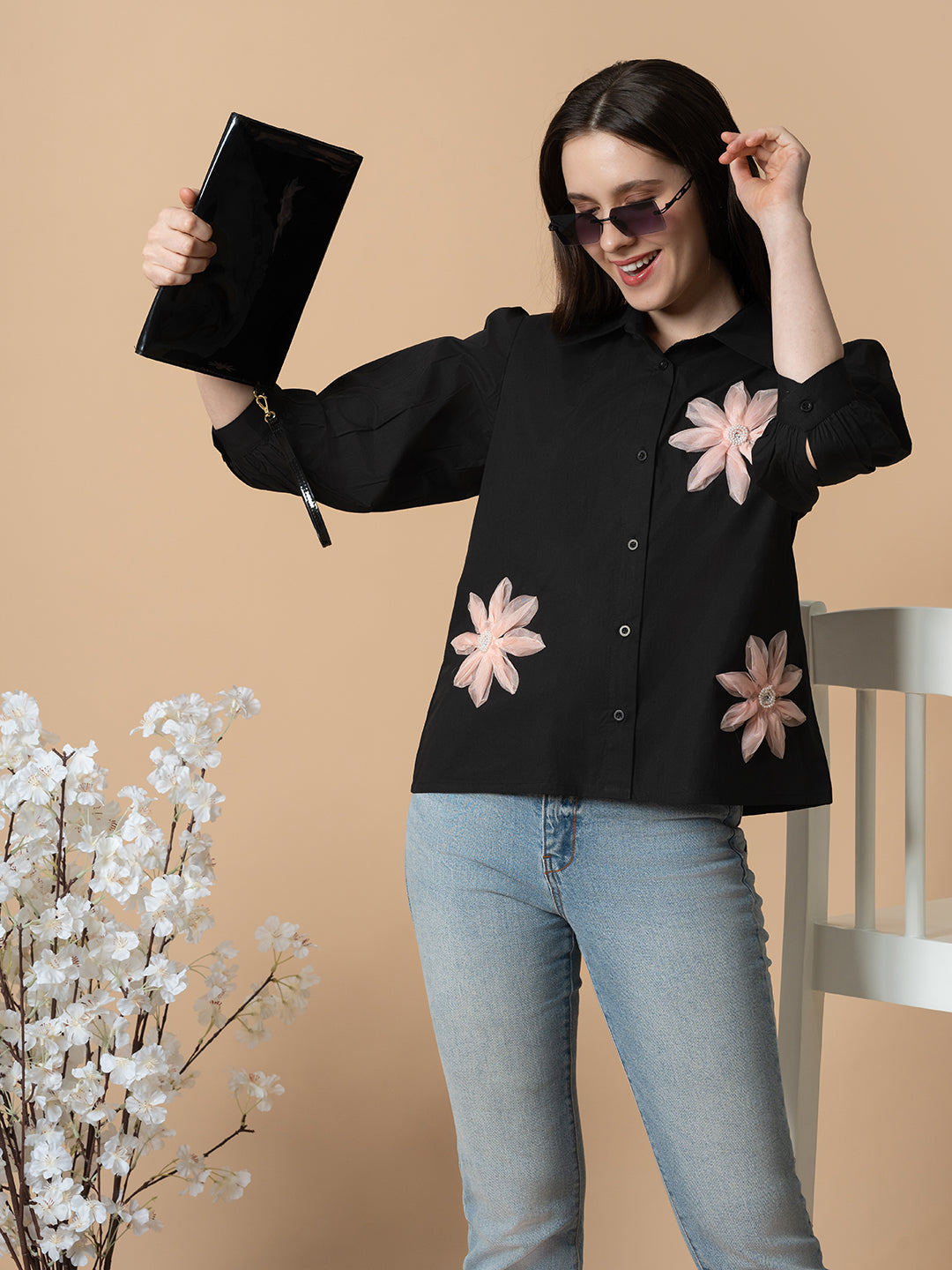 Black Shirt With 3D Pink Flowers