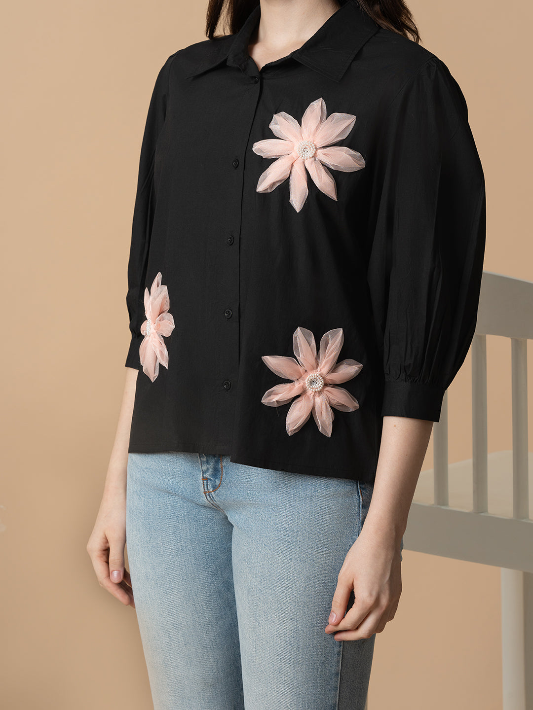 Black Shirt With 3D Pink Flowers