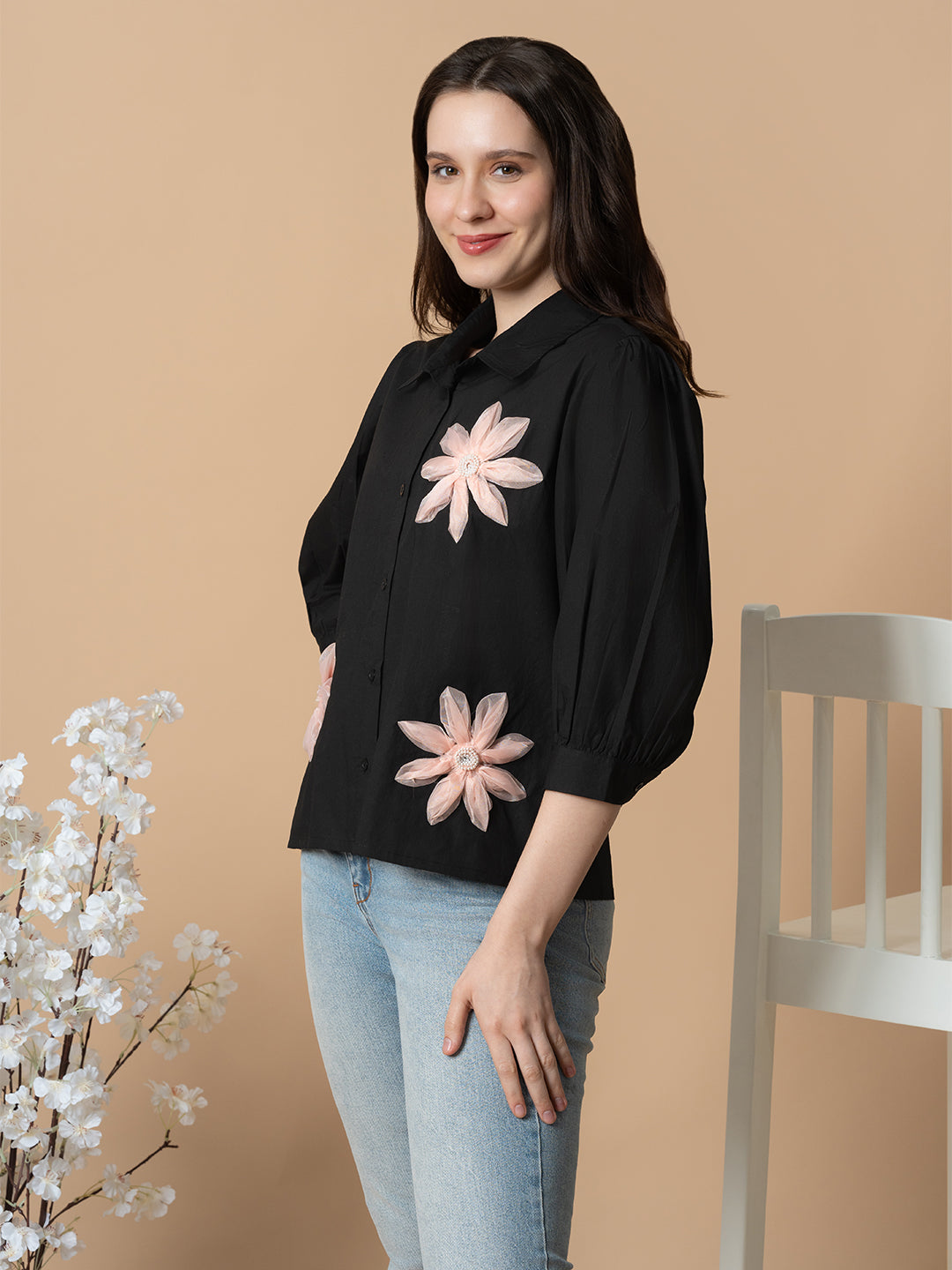 Black Shirt With 3D Pink Flowers