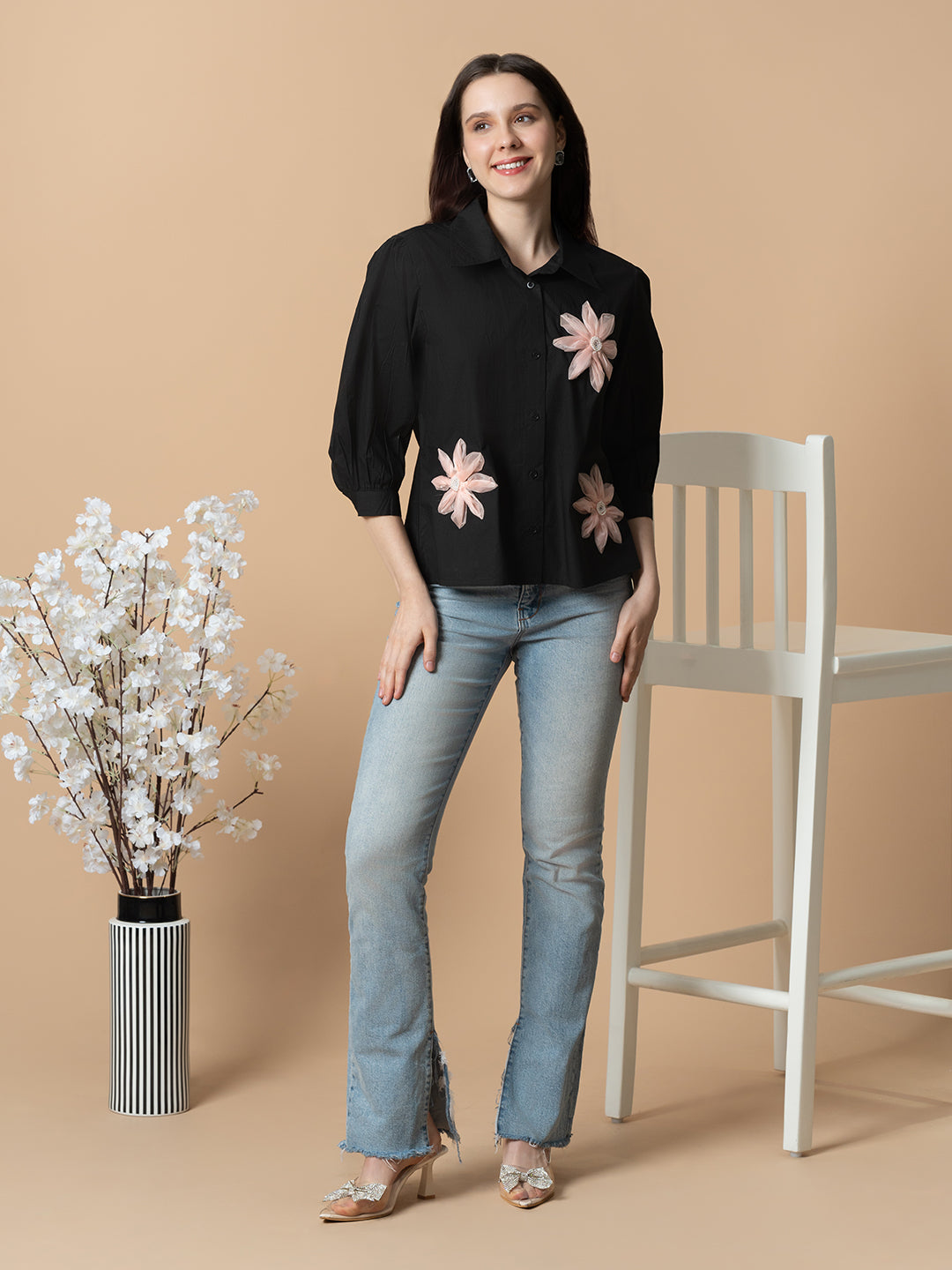 Black Shirt With 3D Pink Flowers