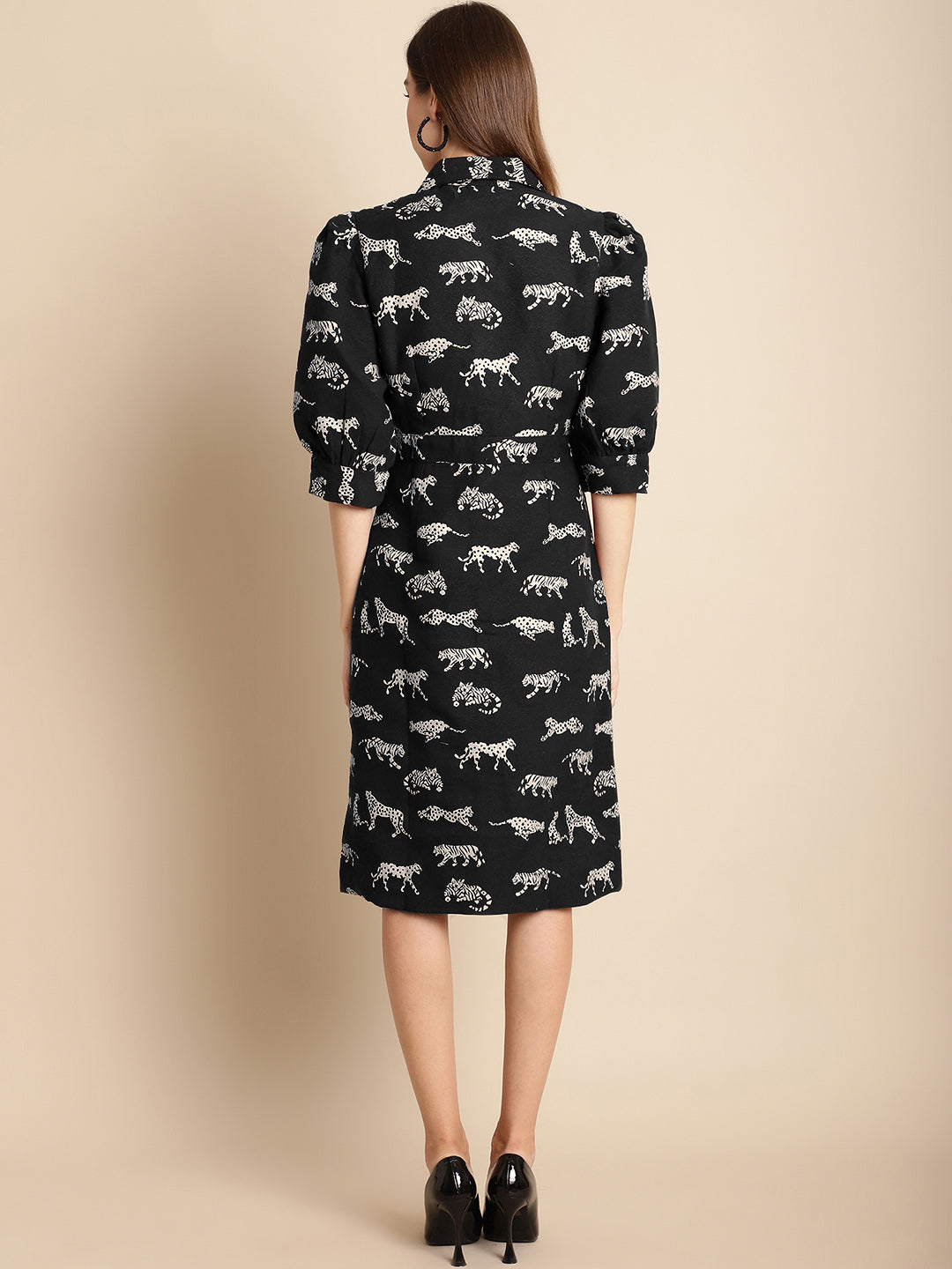 Black Tiger Patterned Jacquard Blazer Dress