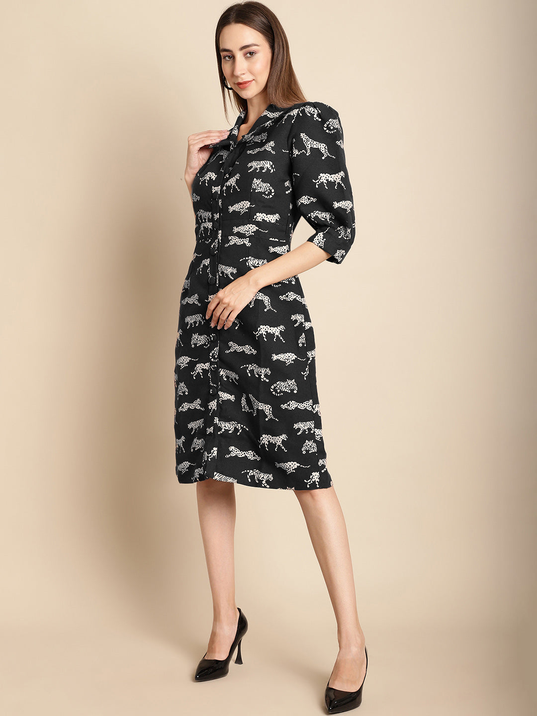Black Tiger Patterned Jacquard Blazer Dress