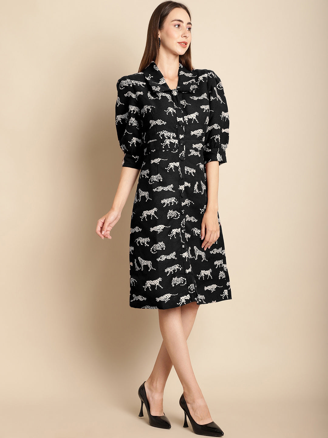 Black Tiger Patterned Jacquard Blazer Dress