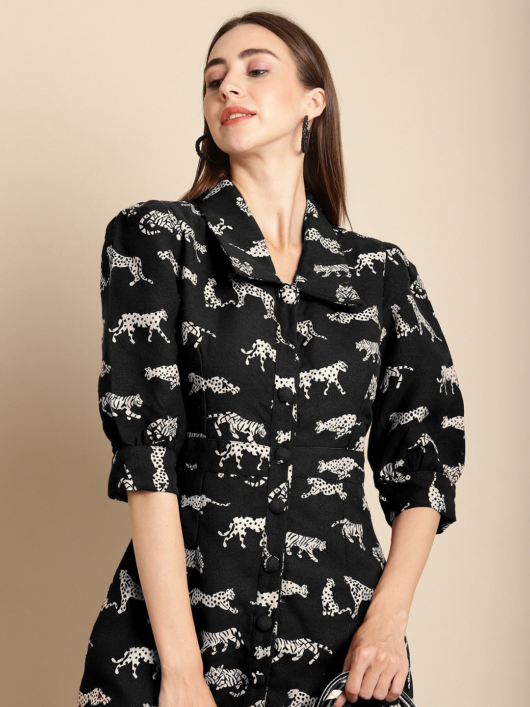 Black Tiger Patterned Jacquard Blazer Dress