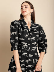 Black Tiger Patterned Jacquard Blazer Dress