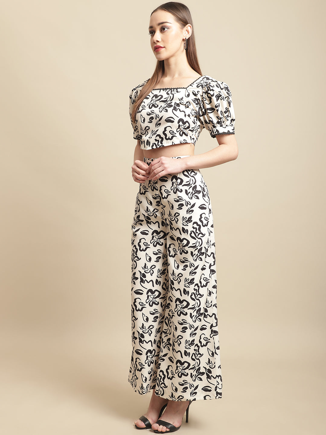Black & White Crop Top With Pants Co-Ord Set