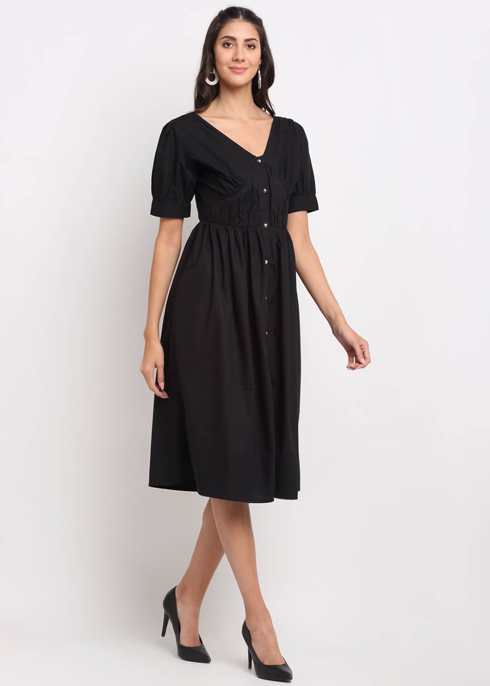 Ruched Waisted Black Dress