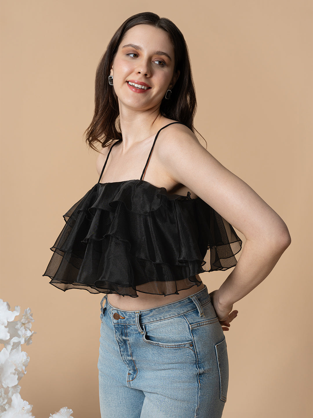 Black Organza Ruffle Top