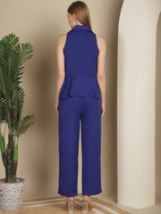 Blue Blazer Collar Peplum Top With Trouser Co-Ord Set