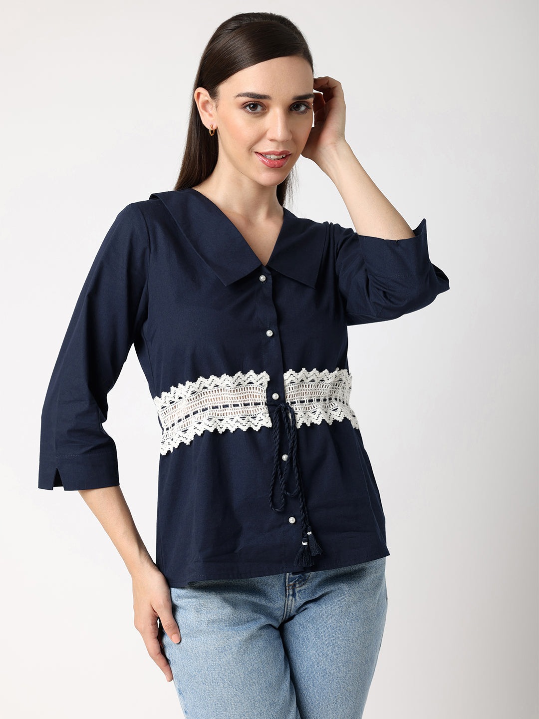 Blue Collar Top With Lace at Waist