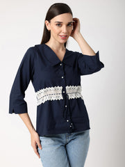 Blue Collar Top With Lace at Waist
