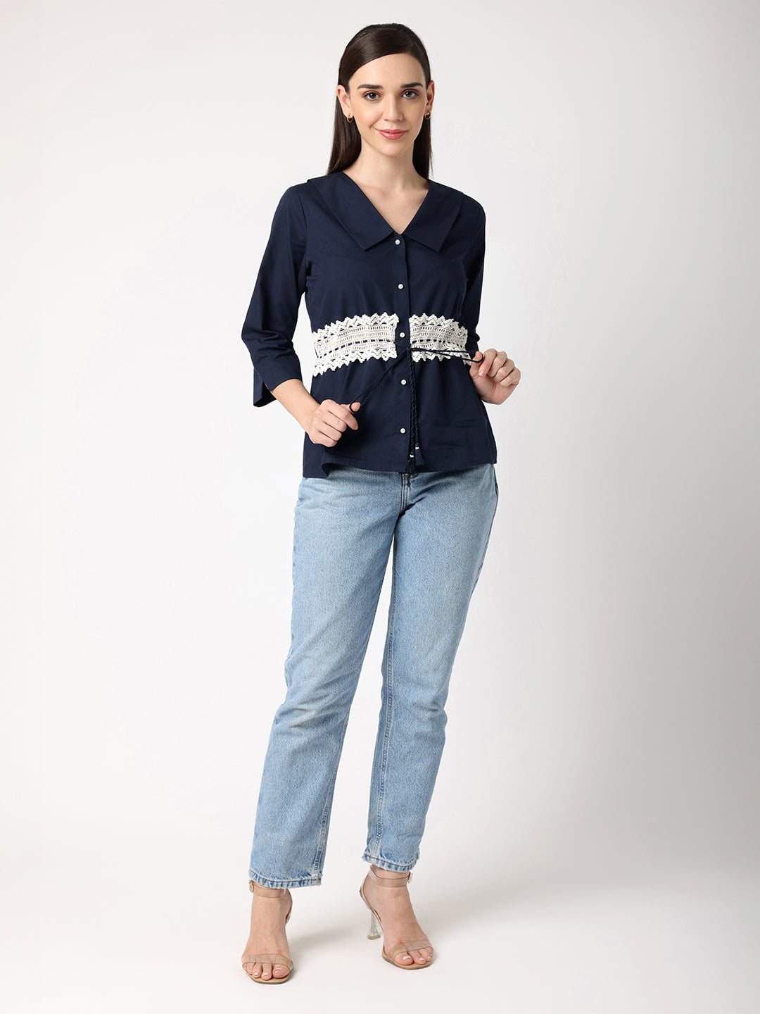 Blue Collar Top With Lace at Waist