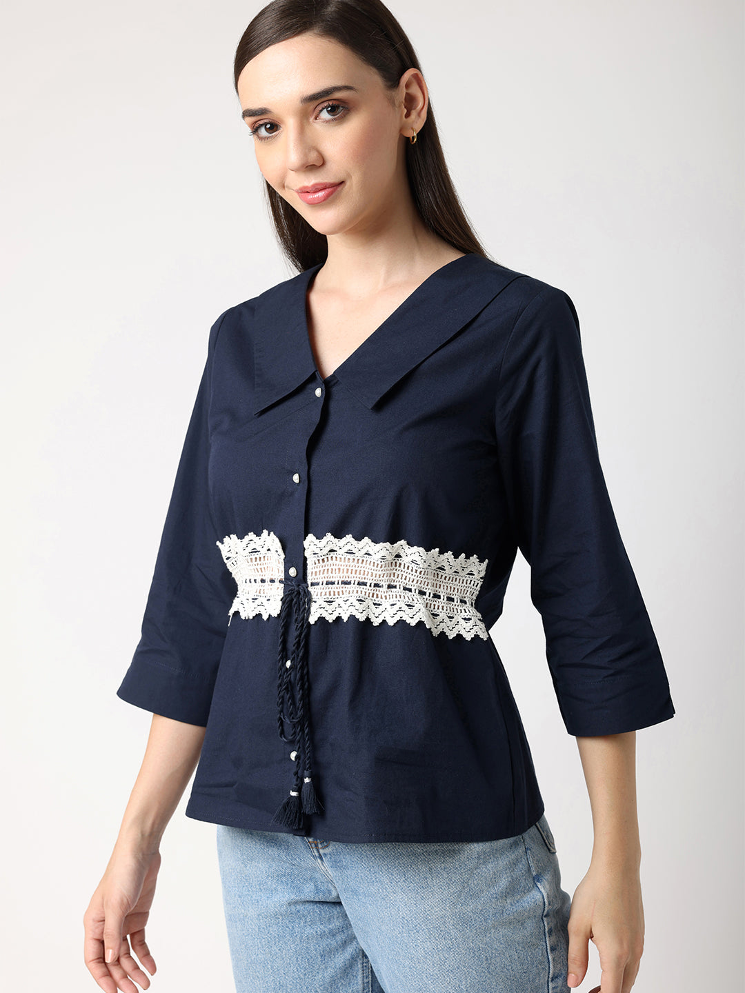Blue Collar Top With Lace at Waist