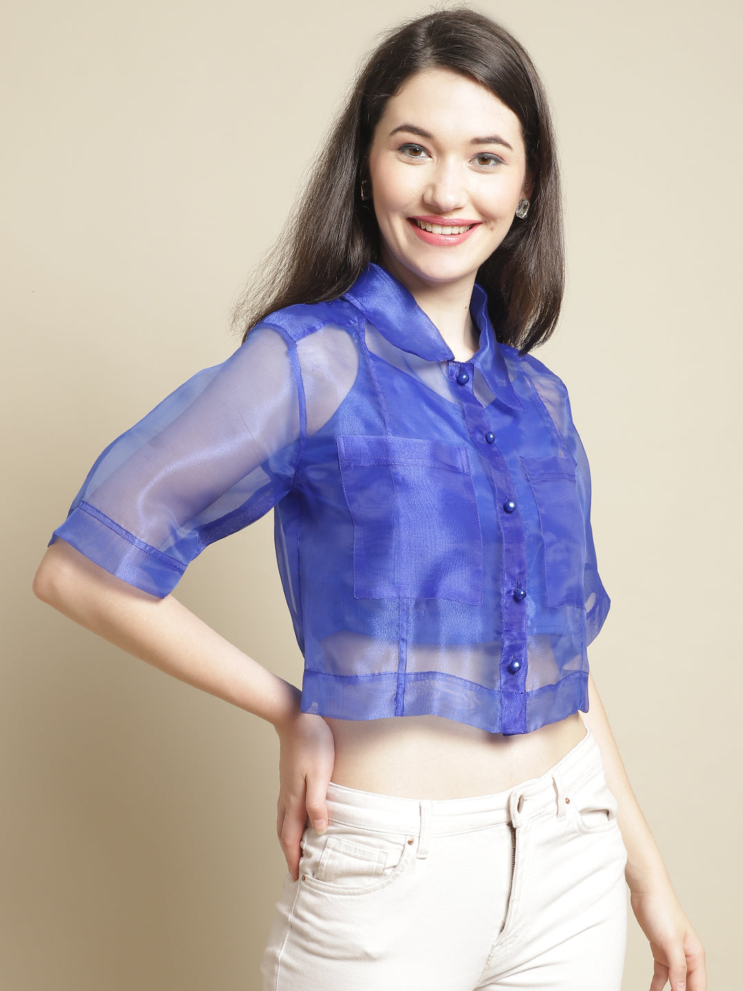 Blue Organza Shirt With Cami
