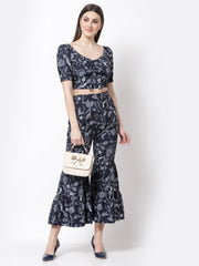 Blue Printed Crop Top With Skirt Set