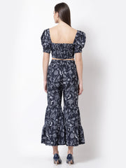 Blue Printed Crop Top With Skirt Set