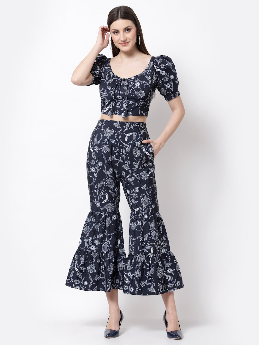 Blue Printed Crop Top With Skirt Set