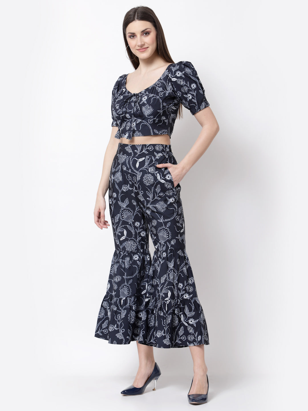 Blue Printed Crop Top With Skirt Set