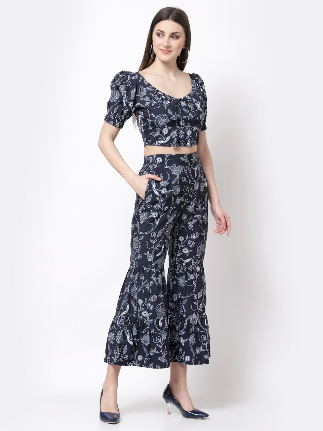 Blue Printed Crop Top With Skirt Set