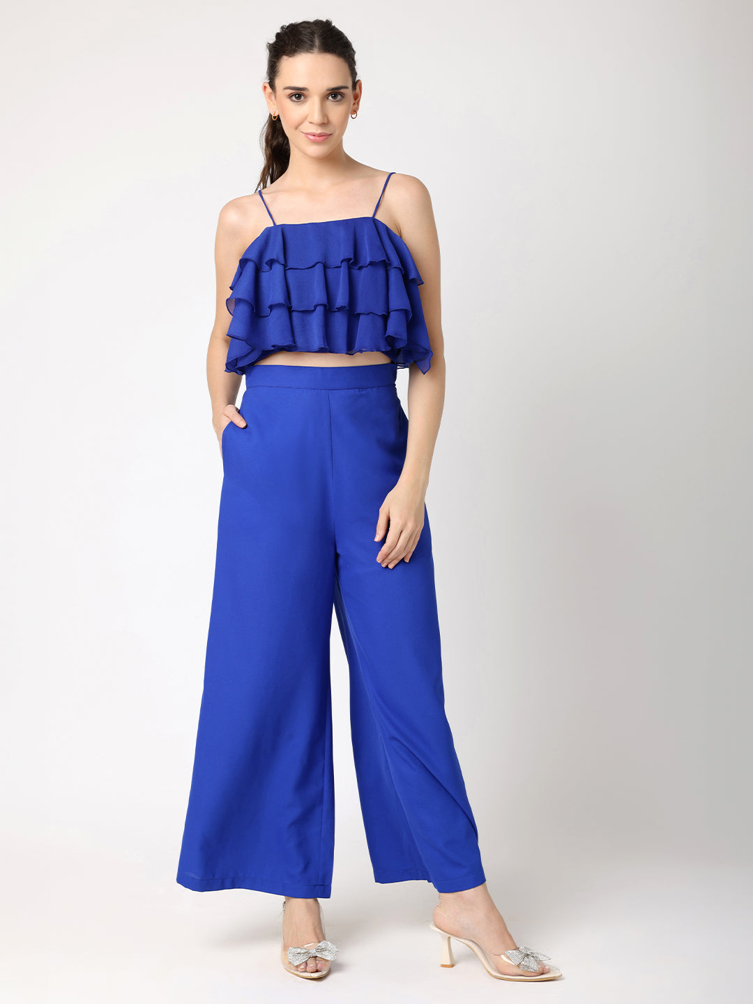 Blue Ruffled Top With Trousers