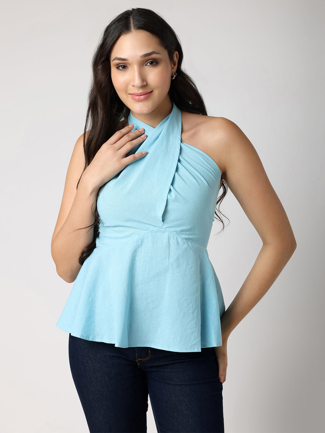 Blue Top With Cross Halter Neck