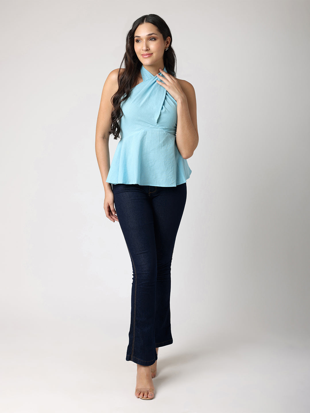 Blue Top With Cross Halter Neck