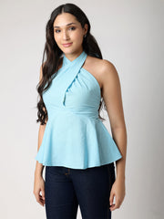 Blue Top With Cross Halter Neck