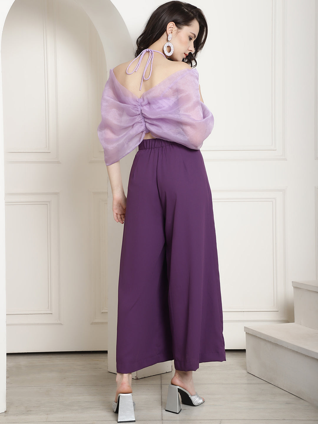 Bow Halter Neck Top In Organza With Trouser