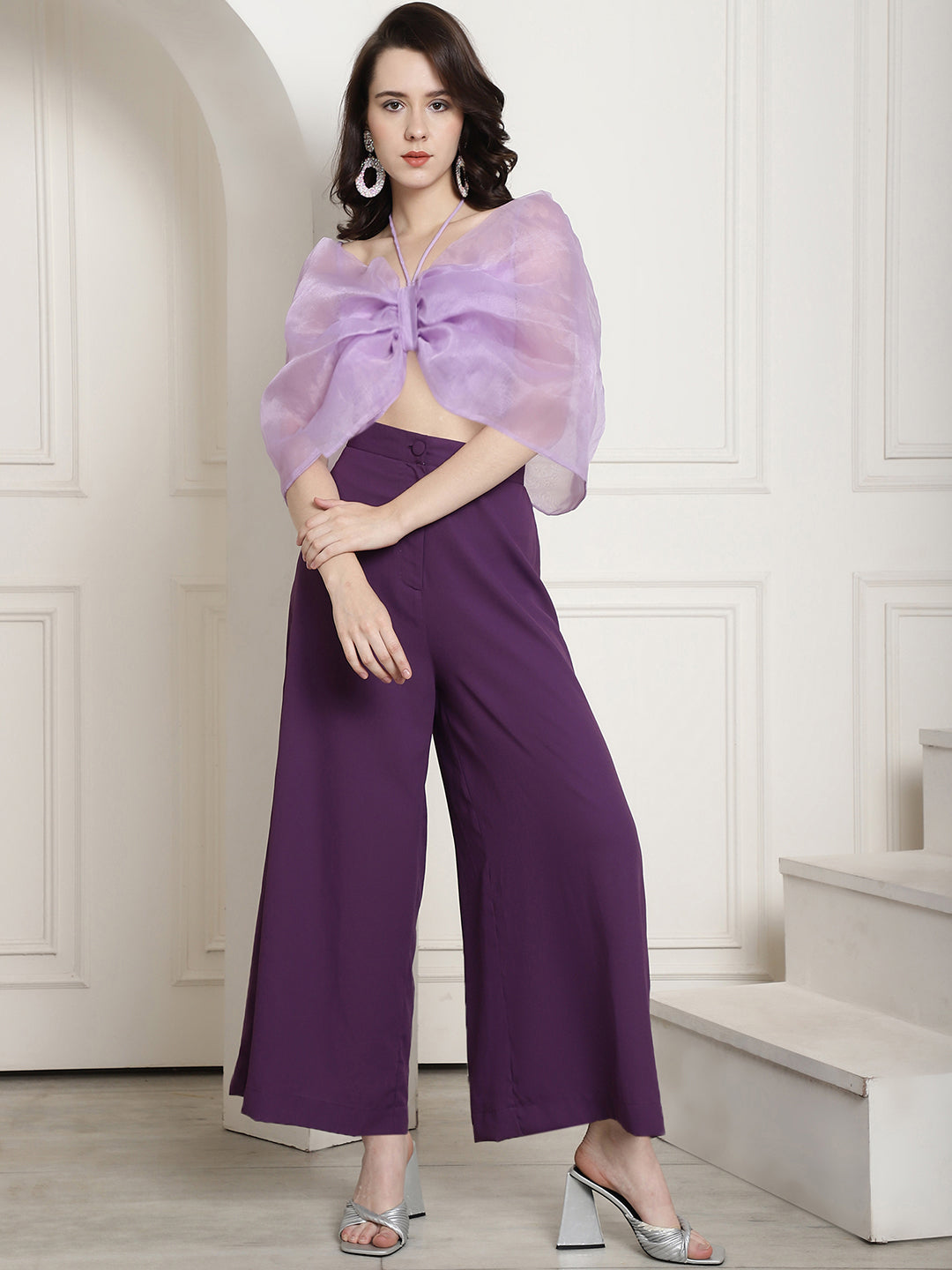 Bow Halter Neck Top In Organza With Trouser